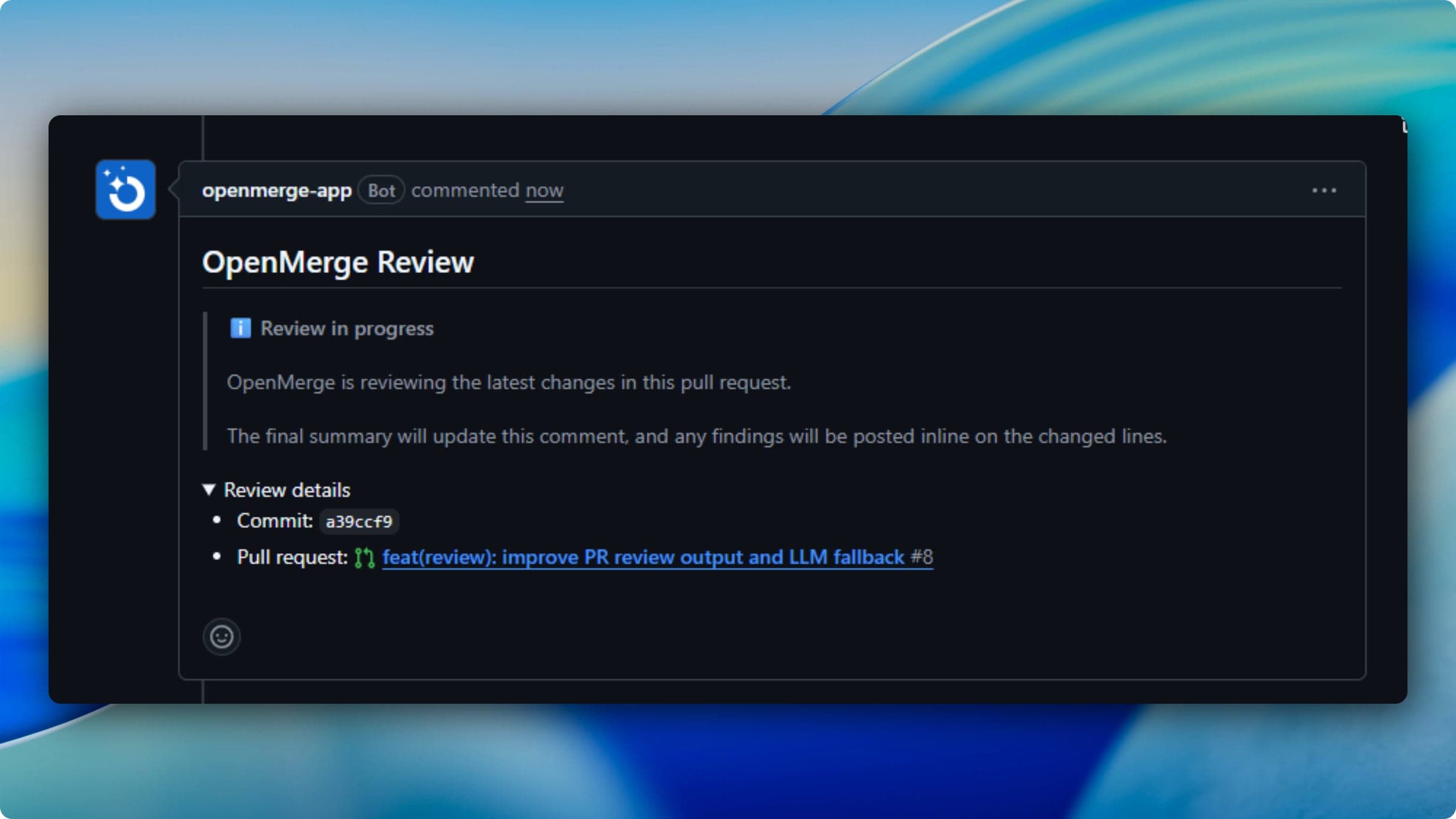 OpenMerge review in progress on a GitHub pull request
